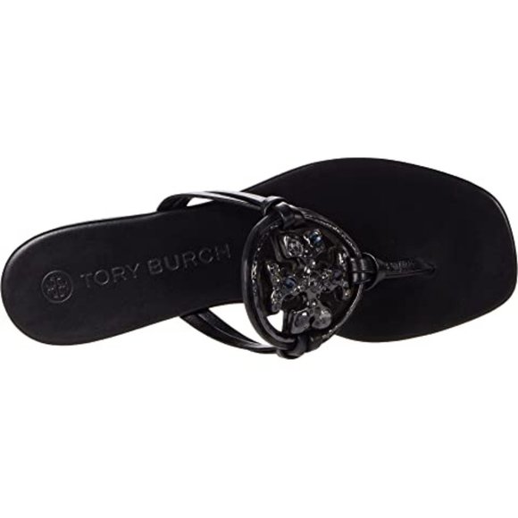 Tory Burch Miller Jeweled Embellished Crystal Leather Thong Sandals Black - Picture 12 of 13